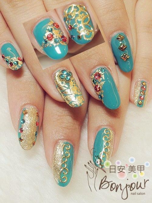 金色異國風情光療指甲 - 台北東區美甲:日安美甲 Bonjour Nail Salon