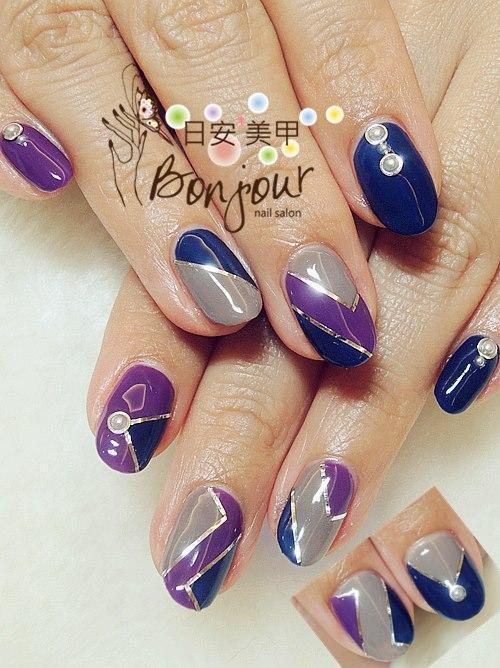 紫藍色系幾何光療指甲 - 台北東區美甲:日安美甲 Bonjour Nail Salon