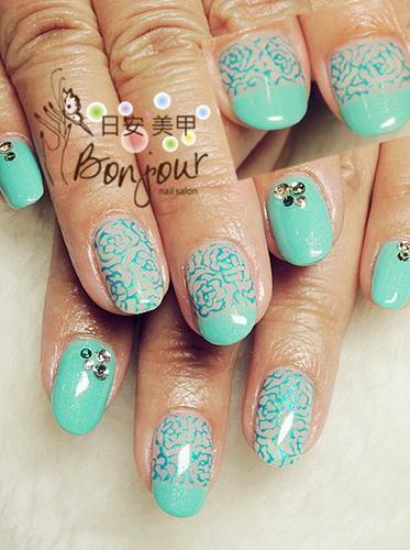 蒂芬妮藍手繪花一下光療指甲 - 台北東區美甲:日安美甲 Bonjour Nail Salon