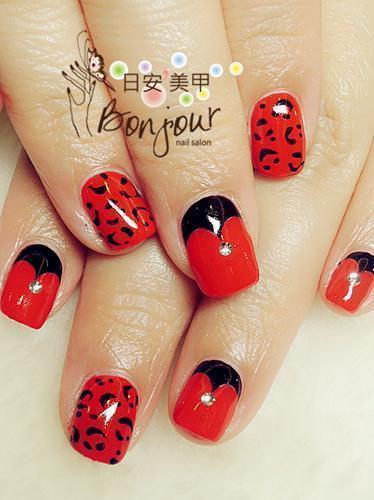 紅色豹紋光療指甲 - 台北東區美甲:日安美甲 Bonjour Nail Salon