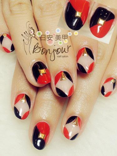 台北東區美甲 日安美甲:紅黑雙色幾何光療指甲 Bonjour Nail Salon