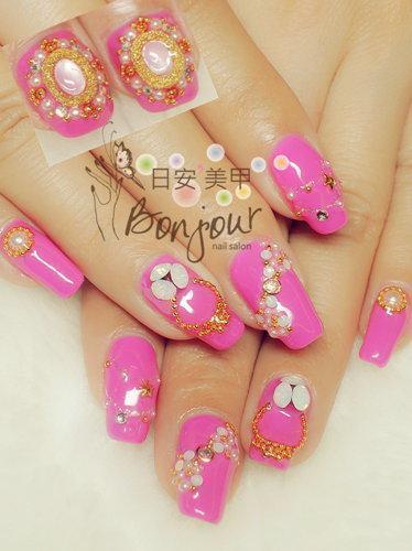 台北東區美甲 日安美甲,桃色珠寶華麗款光療指甲 Bonjour Nail Salon