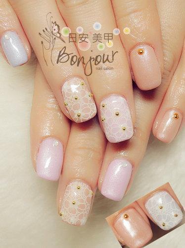 台北東區美甲 日安美甲:春系白色蕾絲花款光療指甲 Bonjour Nail Salon