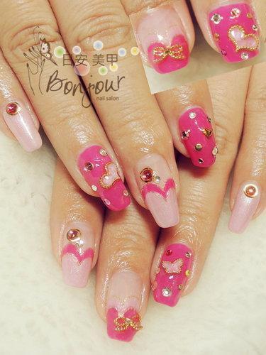 台北東區美甲 日安美甲:雙色桃愛心光療指甲 Bonjour Nail Salon