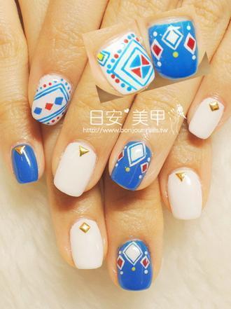 台北東區美甲 日安美甲:藍白紅三色幾何光療指甲 Bonjour Nail Salon