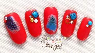 紅色系羽毛光療指甲2:台北東區美甲彩繪店-Bonjour Nails